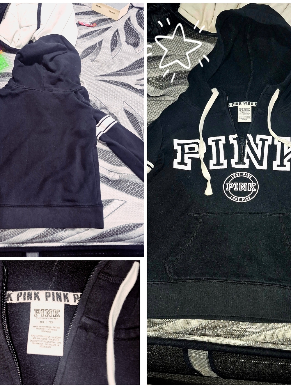 PINK Victoria's Secret Black Pullover Hoodie with White Drawstrings